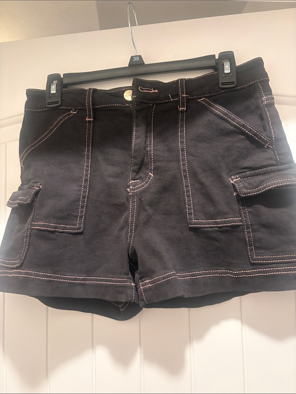 High-Rise Black Denim Cargo Shorts with Pink Stitching